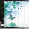 Ambesonne Floral Shower Curtain, Nature Theme Wild Flowers Monarch Flying Butterflies Lily on Lake Therapy Spa, Cloth Fabric Bathroom Decor Set with Hooks, 69" W x 84" L, Almond Green view 3