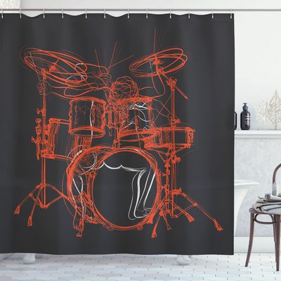 Ambesonne Rock Music Shower Curtain, Doodle Drawing Sketch Drummer Musical Inspirations Monochrome Arrangement, Cloth Fabric Bathroom Decor Set with Hooks, 69" W x 75" L, Vermilion Dimgray