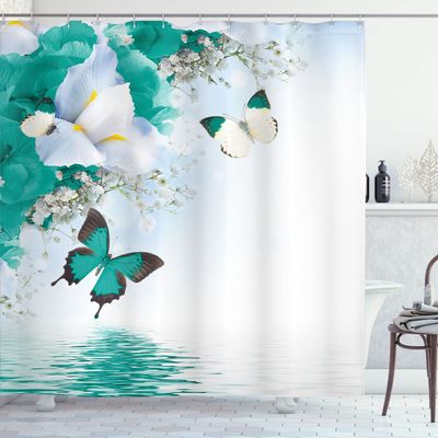 Ambesonne Floral Shower Curtain, Nature Theme Wild Flowers Monarch Flying Butterflies Lily on Lake Therapy Spa, Cloth Fabric Bathroom Decor Set with Hooks, 69" W x 70" L, Dark Seafoam