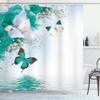 Ambesonne Floral Shower Curtain, Nature Theme Wild Flowers Monarch Flying Butterflies Lily on Lake Therapy Spa, Cloth Fabric Bathroom Decor Set with Hooks, 69" W x 70" L, Dark Seafoam view 1