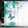 Ambesonne Floral Shower Curtain, Nature Theme Wild Flowers Monarch Flying Butterflies Lily on Lake Therapy Spa, Cloth Fabric Bathroom Decor Set with Hooks, 69" W x 70" L, Dark Seafoam view 3