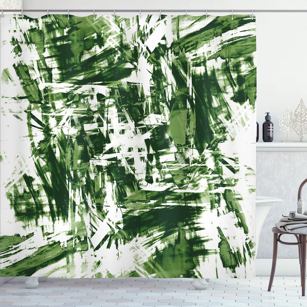 Ambesonne Monochrome Shower Curtain, Old Grunge Style Abstract Art with Brushstrokes Chaos Image Print, Cloth Fabric Bathroom Decor Set with Hooks, 69" W x 75" L, Fern Green