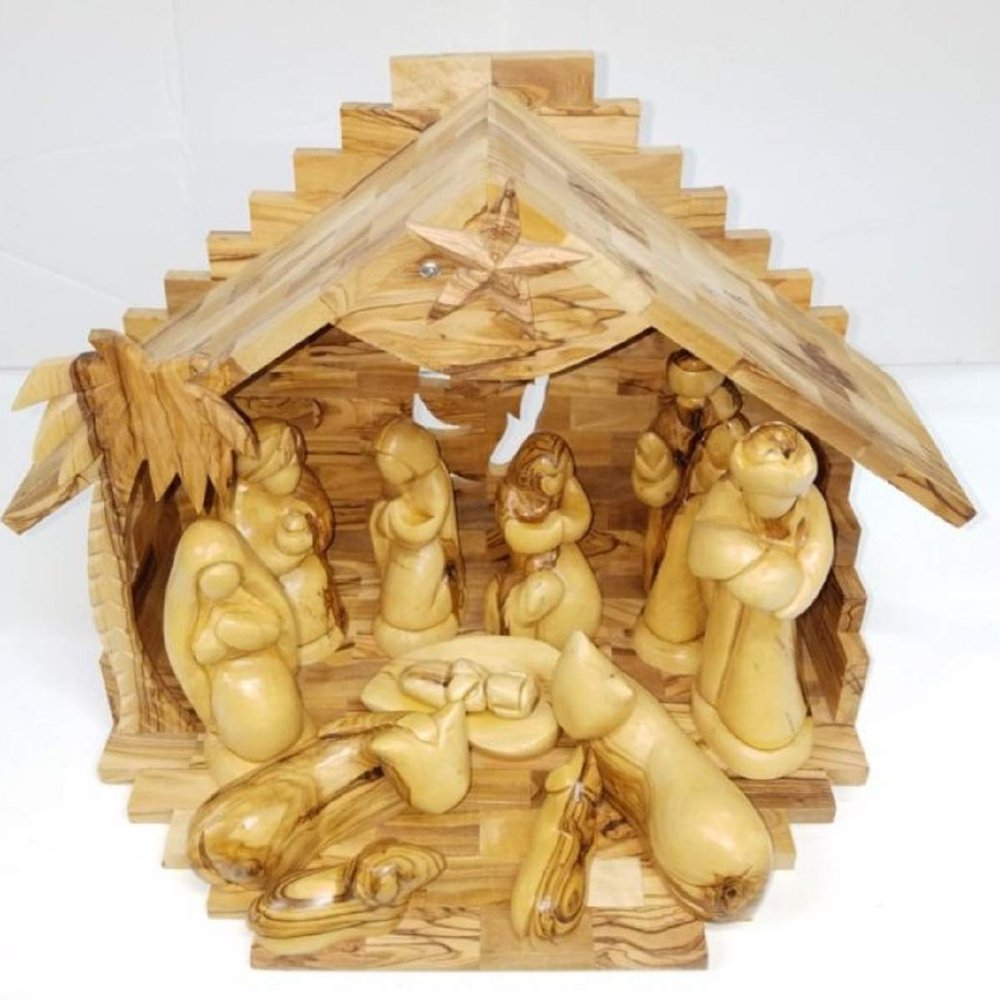 Carved from Bethlehem Olive Wood Christmas Nativity Story Set with Stable (11" Music Stable with 5" Faceless Figurines)