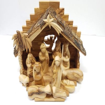 Carved from Bethlehem Olive Wood Christmas Nativity Story Set with Stable (11" Stable with 5" Faceless Figurines)