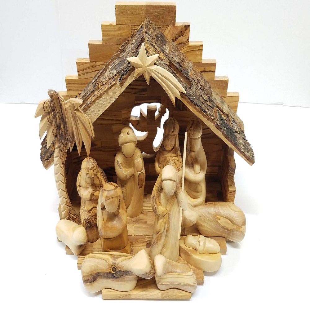 Carved from Bethlehem Olive Wood Christmas Nativity Story Set with Stable (11" Stable with 5" Faceless Figurines)