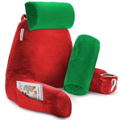 Clara Clark Reading Pillow with Shredded Memory Foam Includes 2 Neck and Lumber Support Pillows, Designed for Sitting Up in Bed and Couch, Back and Arms Adjustable Support for Adults, Holiday Color