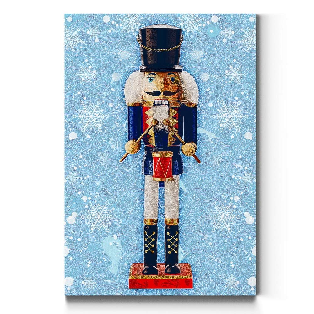 WEXFORD HOME Nutcracker on Blue Wall Art, Festive Christmas & Winter Decorations, Cute Snowflake Design, Premium Gallery Wrapped Canvas Decor, Ready to Hang, 12 in H x 18 in W, Made in America