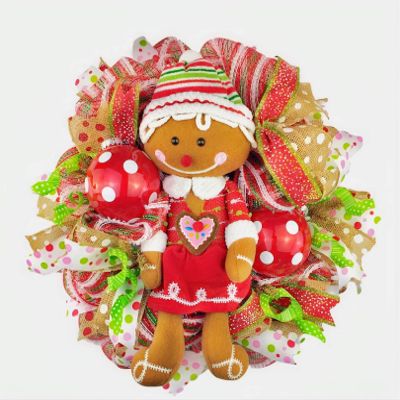 Artisan 16x16x6 Gingerbread Man Christmas Wreath with 2 Polka Dot Ornaments. Wreath is Very Full, Made with Weatherproof Snow Fabric & Ribbon.