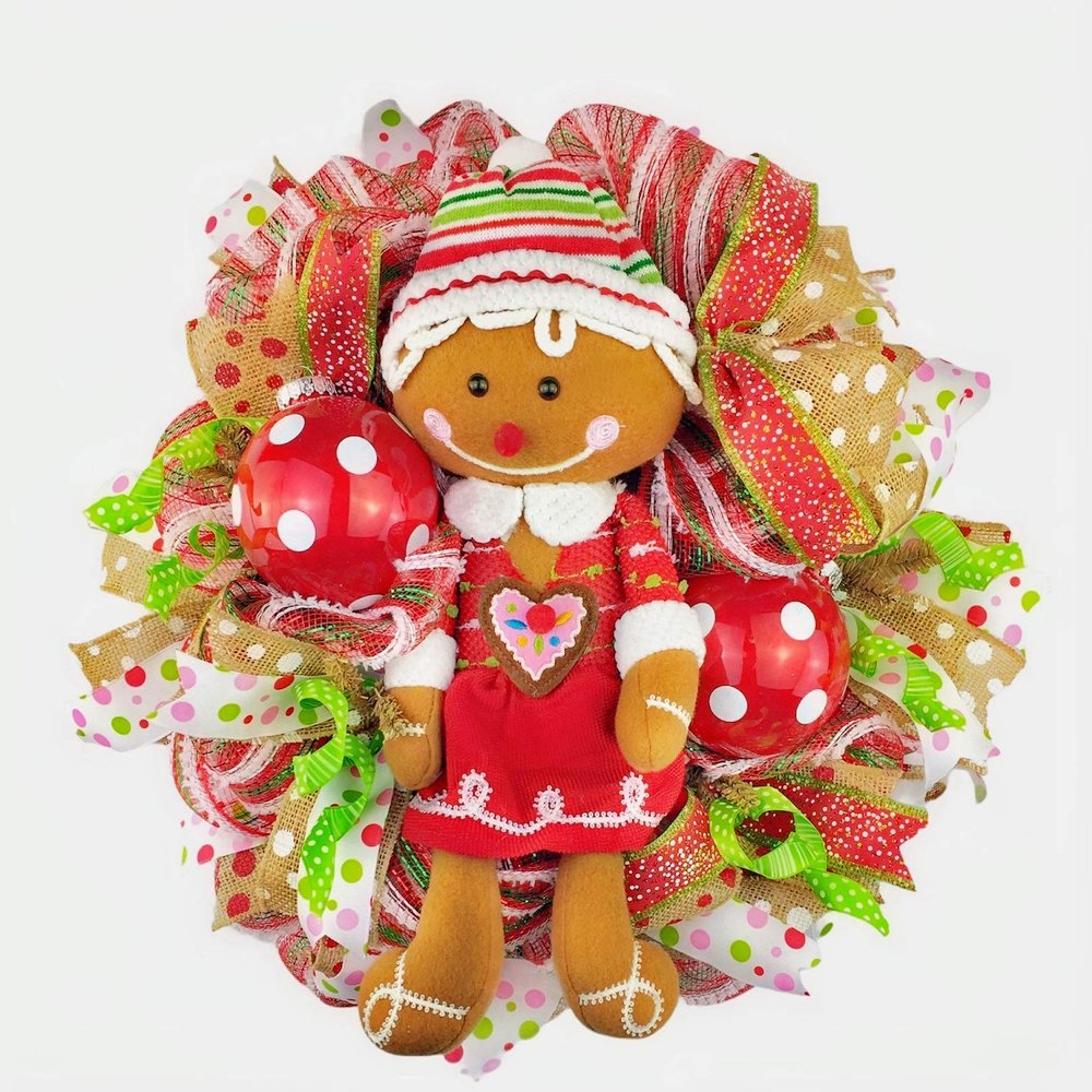 Artisan 16x16x6 Gingerbread Man Christmas Wreath with 2 Polka Dot Ornaments. Wreath is Very Full, Made with Weatherproof Snow Fabric & Ribbon.