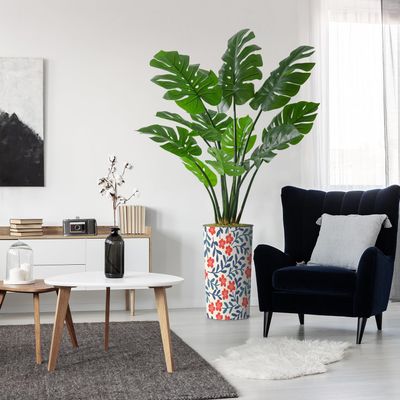 Artificial Tree in Contemporary Daisy Flower Pattern Planter, Fake Monstera Silk Tree for Indoor and Outdoor Home Decoration - 65" Overall Tall (Plant Pot Plus Tree)