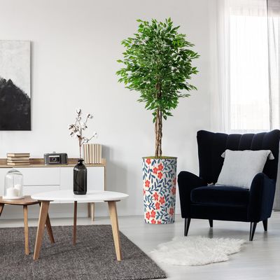 Artificial Tree in Contemporary Daisy Flower Pattern Planter, Fake Ficus Silk Tree for Indoor and Outdoor Home Decoration - 75" Overall Tall (Plant Pot Plus Tree)