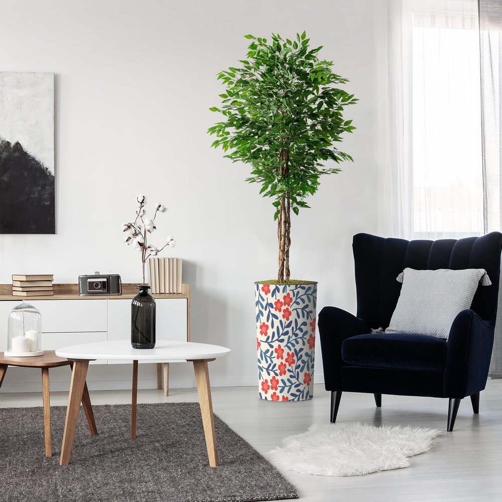 Artificial Tree in Contemporary Daisy Flower Pattern Planter, Fake Ficus Silk Tree for Indoor and Outdoor Home Decoration - 75" Overall Tall (Plant Pot Plus Tree)