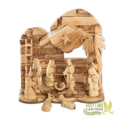 Generic Wooden Nativity Set for Christmas Made of Olive Wood in The Holy Land - 13 Piece Nativity Scene with Music Box - Christmas Tree Decoration