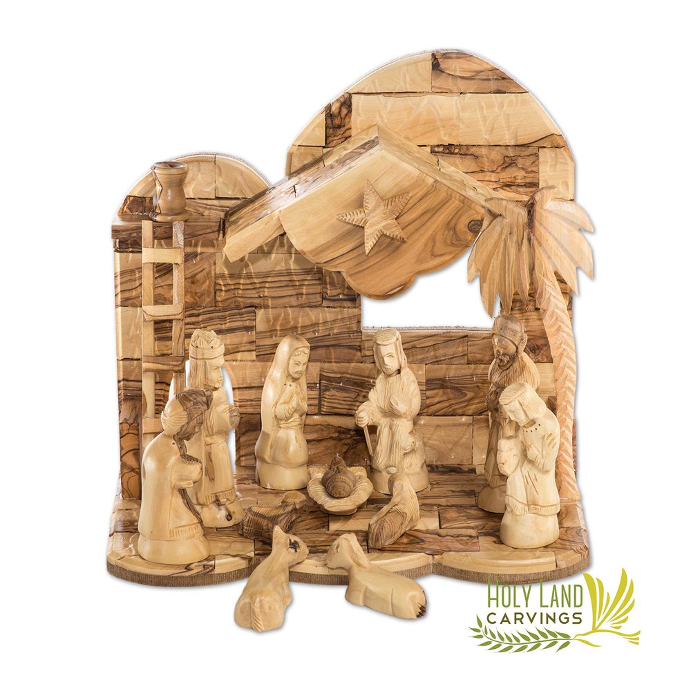 Generic Wooden Nativity Set for Christmas Made of Olive Wood in The Holy Land - 13 Piece Nativity Scene with Music Box - Christmas Tree Decoration