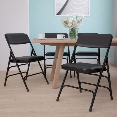 EMMA + OLIVER 4 Pack Curved Triple Braced Black Vinyl Metal Folding Chair
