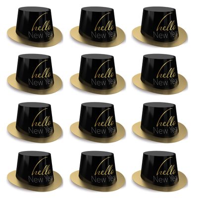 Beistle 12 Piece Durable Cardstock Paper Elegant Hello New Years Eve Top Hats HNY Party Favors, NYE Supplies, Headwear Photo Booth Props, One Size, Gold/Black