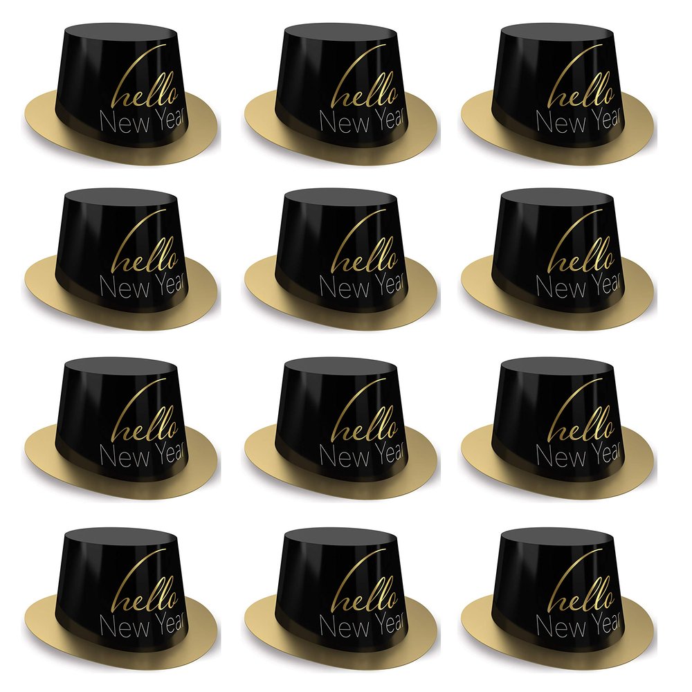 Beistle 12 Piece Durable Cardstock Paper Elegant Hello New Years Eve Top Hats HNY Party Favors, NYE Supplies, Headwear Photo Booth Props, One Size, Gold/Black