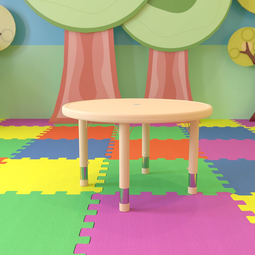 EMMA + OLIVER 33" Round Natural Plastic Height Adjustable Activity Table - School Table for 4