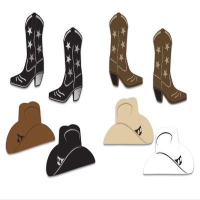 Beistle 8 Piece Paper Cowboy Hat and Boot Silhouette Western Theme Cut Outs Wild West Birthday Party Decorations, Brown/Dark Brown/Silver, 12.75" x 11.5" & 8" x 16"