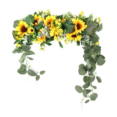RTWAY Artificial Sunflower Swag, Decorative Flower Swag with Green Leaves, Wedding Arch Decor Fake Floral Wreath, Sunflower Swag Garland for Home Front Door Wall Decor