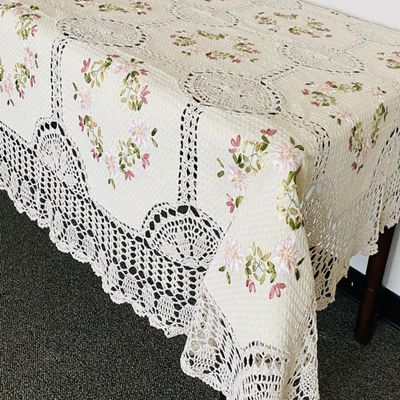 100% Cotton Handmade Crochet Lace with Ribbon Embroidered Linen Tablecloth-Beige (86X86 RD.)