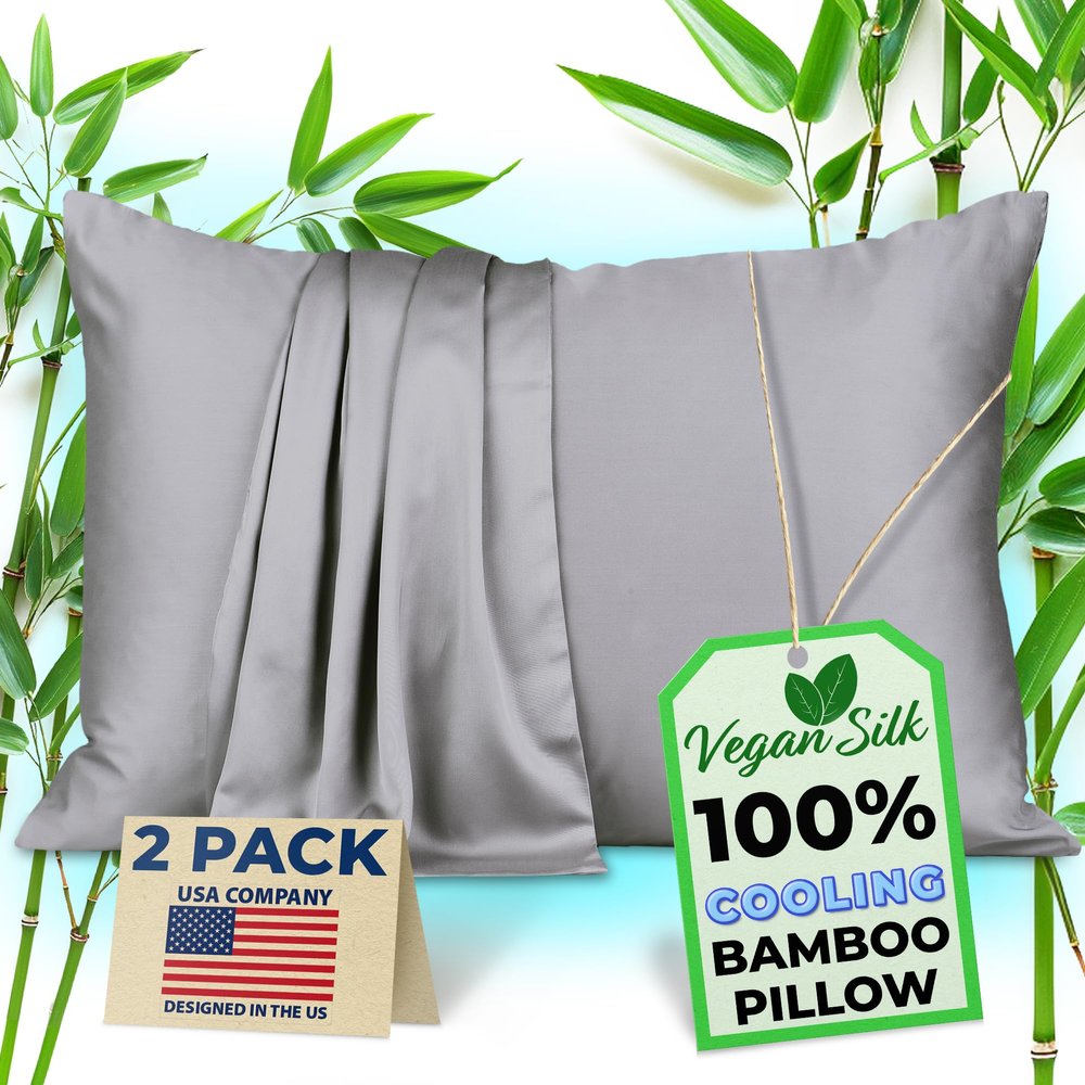 Pillow Cases - 100% Viscose Derived from Bamboo - Cooling Pillowcase - Standard Size, Gray, Set of 2 Zippered - for Hot Sleepers - Soft Pillow Covers - by Vegan Silk