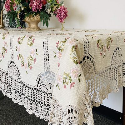 100% Cotton Crochet Lace with Ribbon Embroidered Linen Tablecloth (86X86 SQ.),Beige