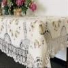 100% Cotton Crochet Lace with Ribbon Embroidered Linen Tablecloth (86X86 SQ.),Beige view 1