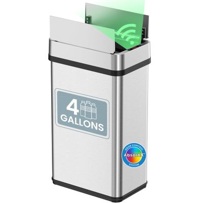 iTouchless 15 Liter / 4 Gallon Stainless Steel Wings Open Lid Sensor Bathroom Trash Can, Touchless Automatic Operation, Compact Design for Home, Office, Kitchen, Restroom, Bedroom