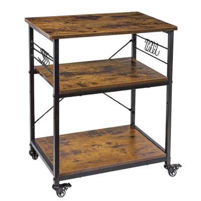 AHB 24" Kitchen Cart with 4 Smooth Wheels and 10 Hooks, 3-Tier Microwave Stand Rolling Bakers Rack Coffee Cart Shelf Organizer for Living Room Decoration