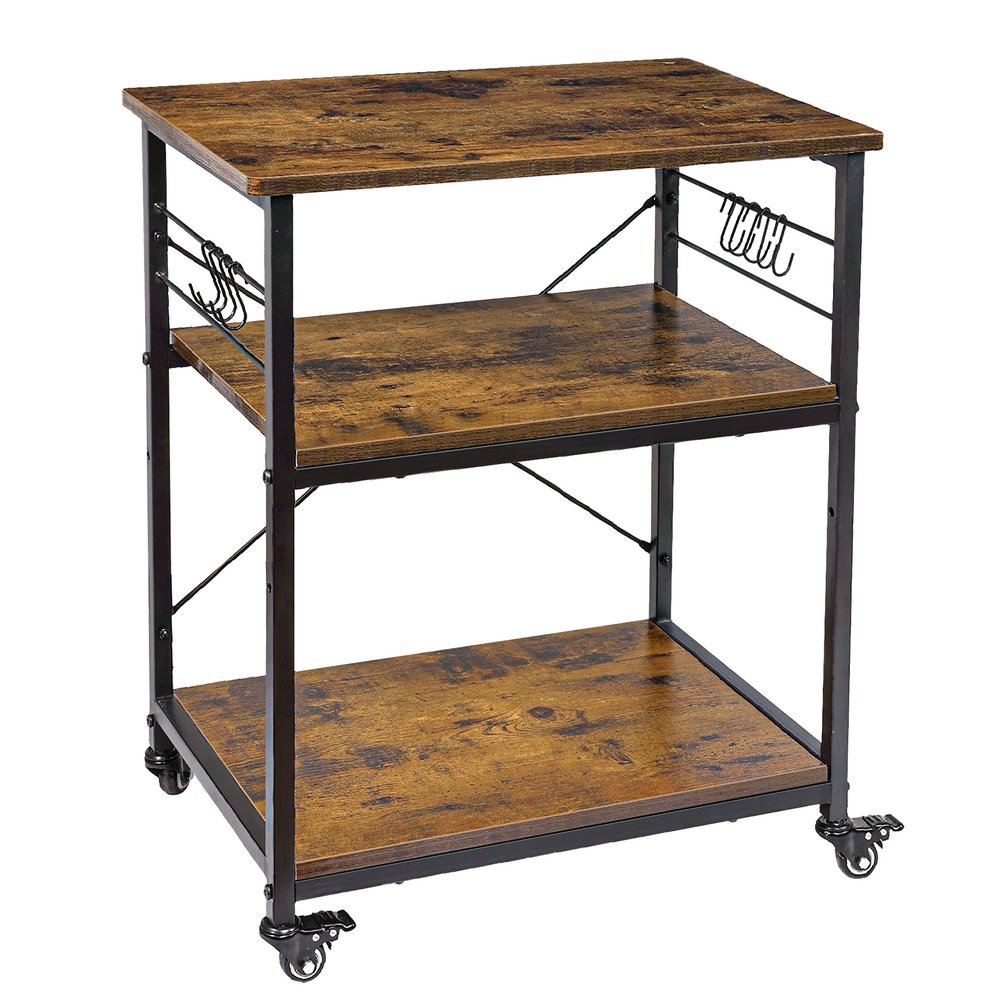 AHB 24" Kitchen Cart with 4 Smooth Wheels and 10 Hooks, 3-Tier Microwave Stand Rolling Bakers Rack Coffee Cart Shelf Organizer for Living Room Decoration