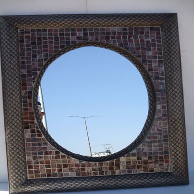 33" PUNCHED TIN MIRROR with Mexican talavera tile, hacienda style, handmade