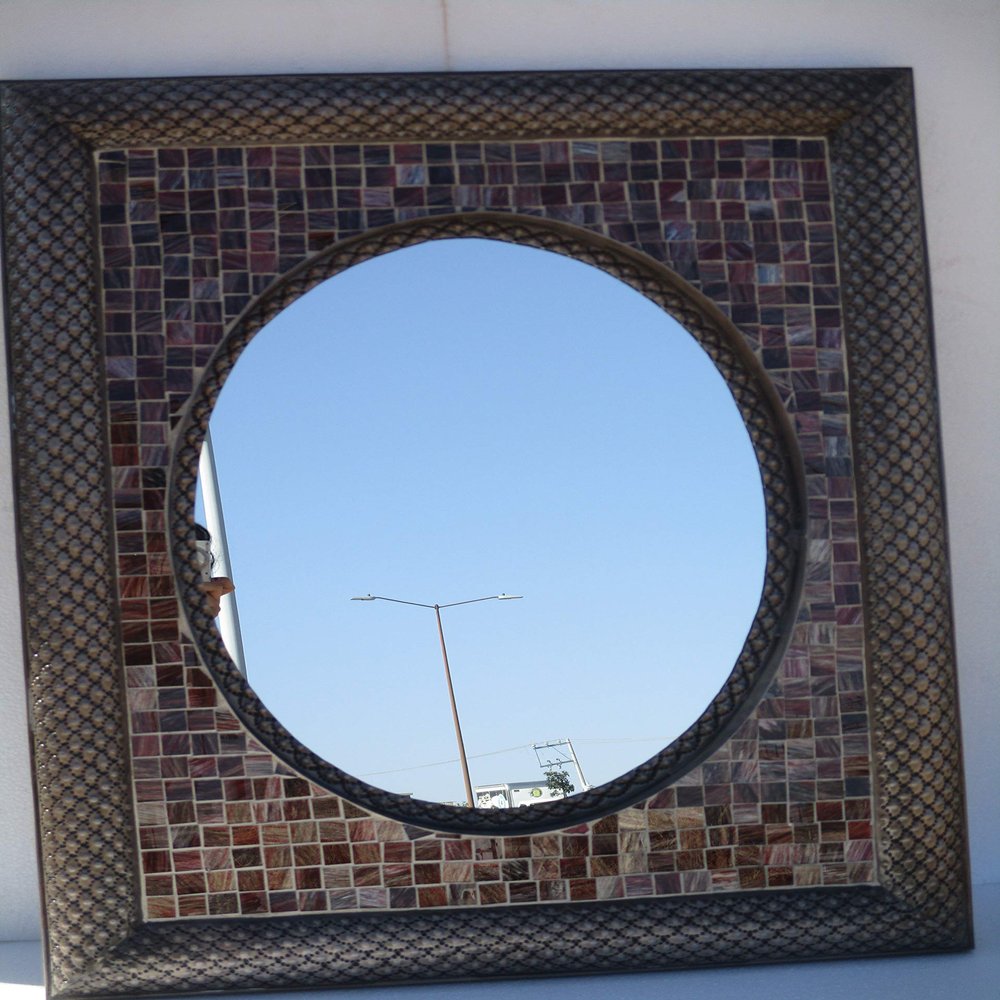 33" PUNCHED TIN MIRROR with Mexican talavera tile, hacienda style, handmade