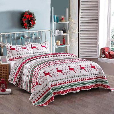 2piece Cabin Lodge White Red Christmas Quilts Twin Size Coverlet Bedspread - Winter Theme Beautiful Vibrant Snowflakes Deer Geometric Print Reversible Stripes Farmhouse Bedding Lightweight Comfortable