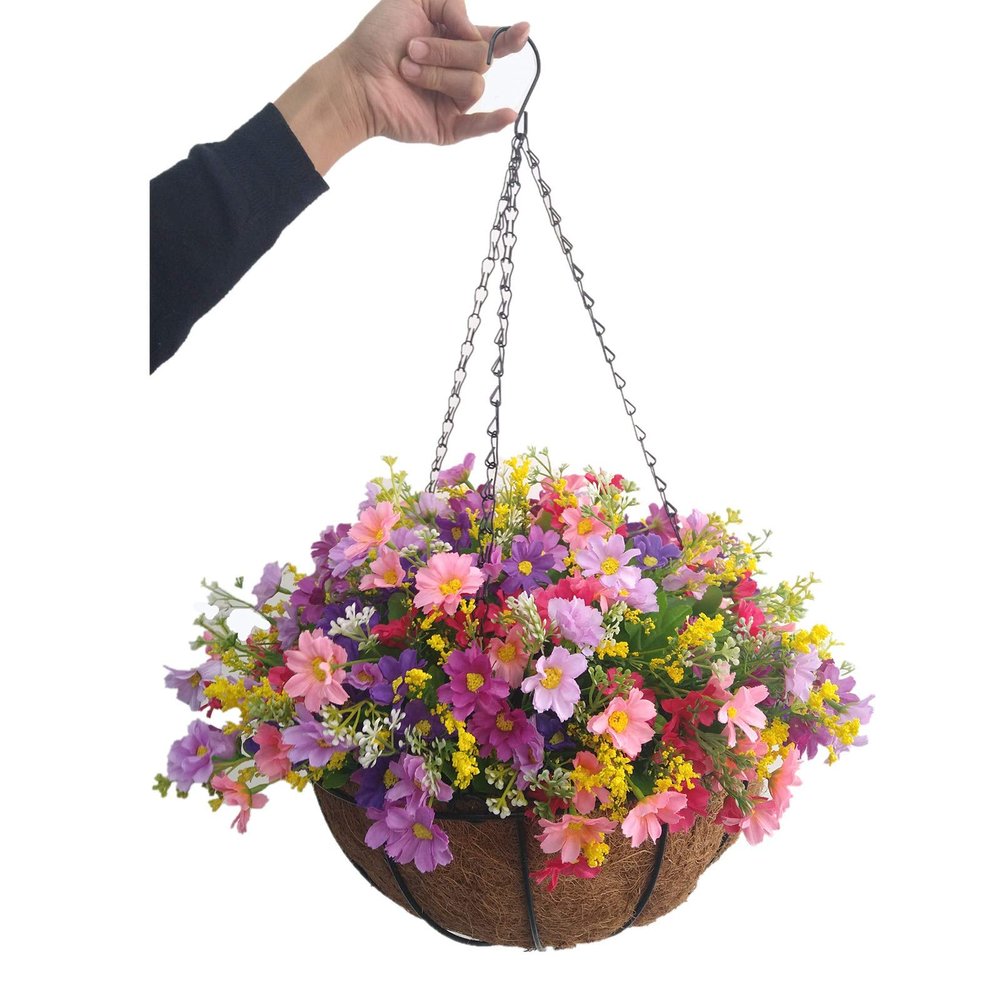 Outdoors and Home Silk Flowers Decoration Chain Hanging Basket Flowerpot Artificial Daisy Flower (Big Basket)
