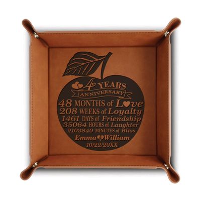 BELLA BUSTA Leatherette Tray, 4 Years Anniversary (Apple) - Engraved Brown Square Faux Leather Organizer (Rawhide, 6 L x 6 W x 1 1/2 H Inch, 1.0 pounds)