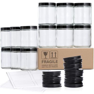 12 Pack, 8 OZ Clear Candle Jars For Making Candle, Thick Glass Jars with 12 Metal & 12 Plastic Lids - Empty Round Food Storage Containers, Canning Jar For Spice, Powder, Liquid, Sample - Food Grade