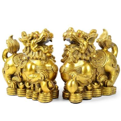 AMTOOCH Feng Shui pixiu Brass Decor Statue A Pair Chinese Home Decoration pi yao Wealth Sculpture Attract Money and Good Luck Figurine Golden5.51" L x 2.75" W x 4.3" H 