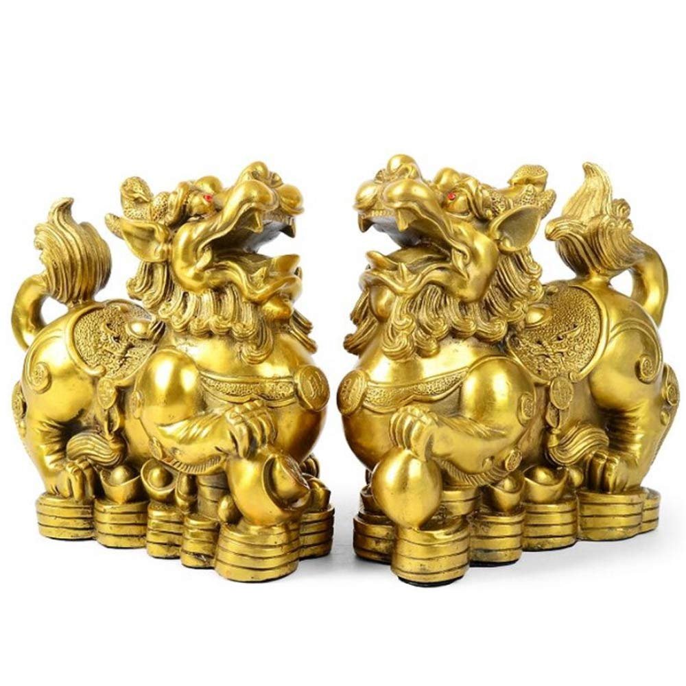 AMTOOCH Feng Shui pixiu Brass Decor Statue A Pair Chinese Home Decoration pi yao Wealth Sculpture Attract Money and Good Luck Figurine Golden5.51" L x 2.75" W x 4.3" H