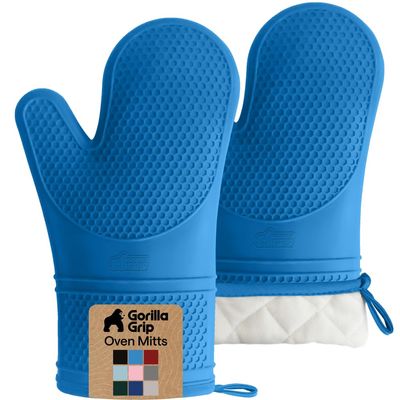GORILLA GRIP BPA-Free Soft Silicone Oven Mitts, 550F Heat Resistant Waterproof Cooking Safety Gloves, Thick Cotton Lining, Flexible Gripping for BBQ Grilling, Kitchen Potholders Set, 12.5x8.3, Aqua