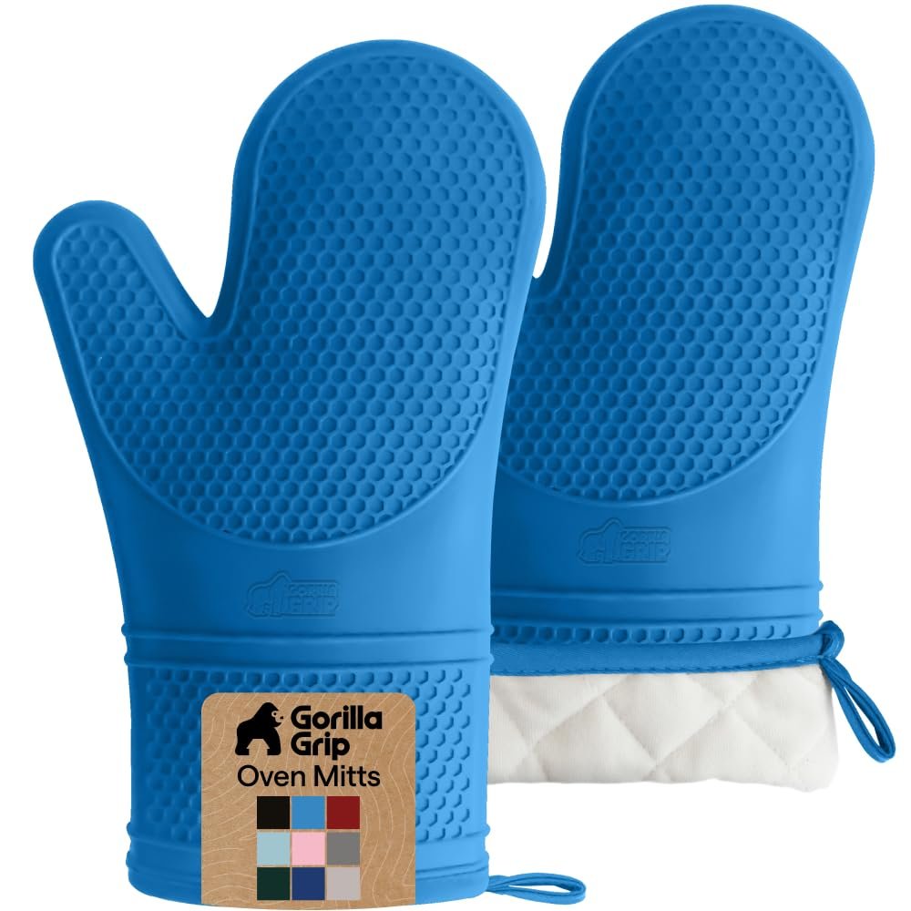 GORILLA GRIP BPA-Free Soft Silicone Oven Mitts, 550F Heat Resistant Waterproof Cooking Safety Gloves, Thick Cotton Lining, Flexible Gripping for BBQ Grilling, Kitchen Potholders Set, 12.5x8.3, Aqua