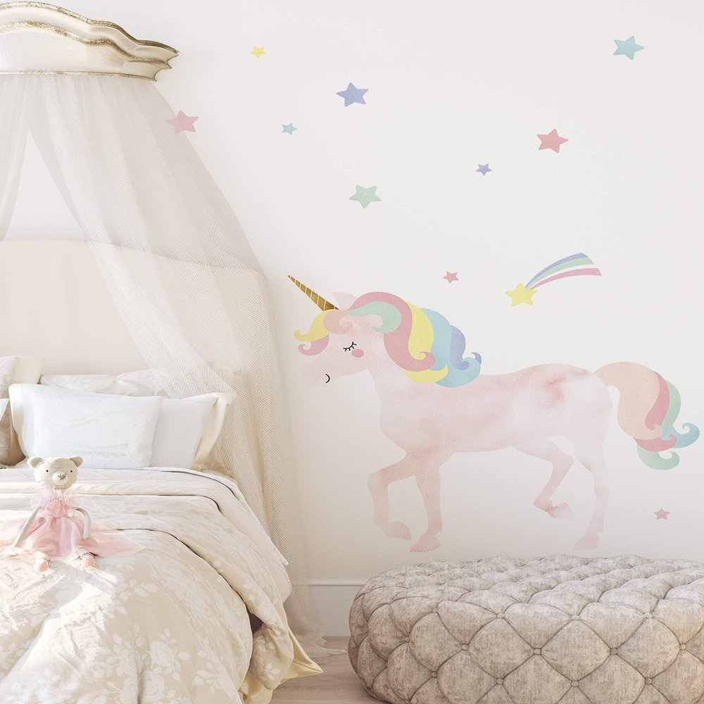 Watercolor Twinkling Unicorn with Stars Vinyl Peel and Stick Wall Sticker (Large (49.5" w x 46" h))