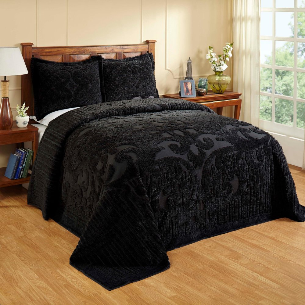 Better Trends Chenille Bedspreads Full/Double Size, Black 100% Cotton Chenille Medallion Design Tufted Bedding Coverlet Soft Lightweight, 81"x110" 1 Pieces Ashton Collection