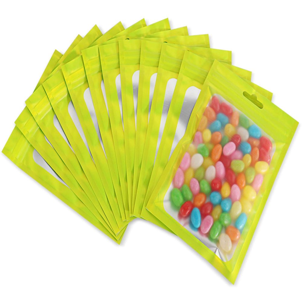 Bezall 100Pcs Resealable Mylar Food Storage Bags with Clear Window Coffee Beans Packaging Pouch for Food Self Sealing Storage Supplies (Lime Green, 4.1 x 5.9 Inch)
