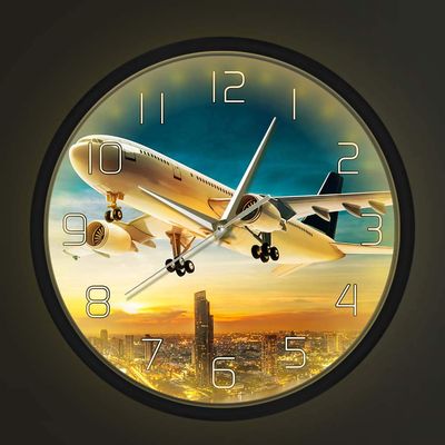 Geek Alerts Voice Control LED Night Light Clock Take Off Sunset Aeroplane Aviator Silent Quartz Wall Clock Air Jet Plane Flying Over City Skyline Aircraft Round Metal Frame Wall Watch