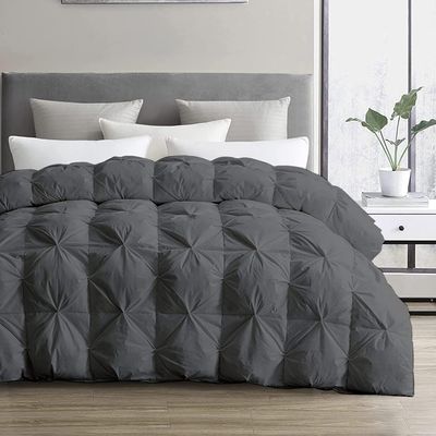 1 Pcs Pinch Pleated Comforter 500 GSM with Corner Tabs 100% Egyptian Cotton Premium Quality Baffle Pintuck Comforter Set All Season Goose Down Dark Grey-Oversized Queen Comforter