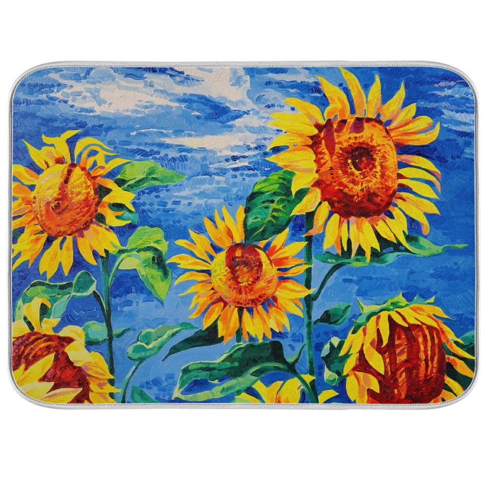 Absorbent Dish Drying Mat for Kitchen Counter - Blue Background Sunflower Microfiber Drying Pad, Reversible Drainer Mats for Countertop, Large 18 x 24 inch