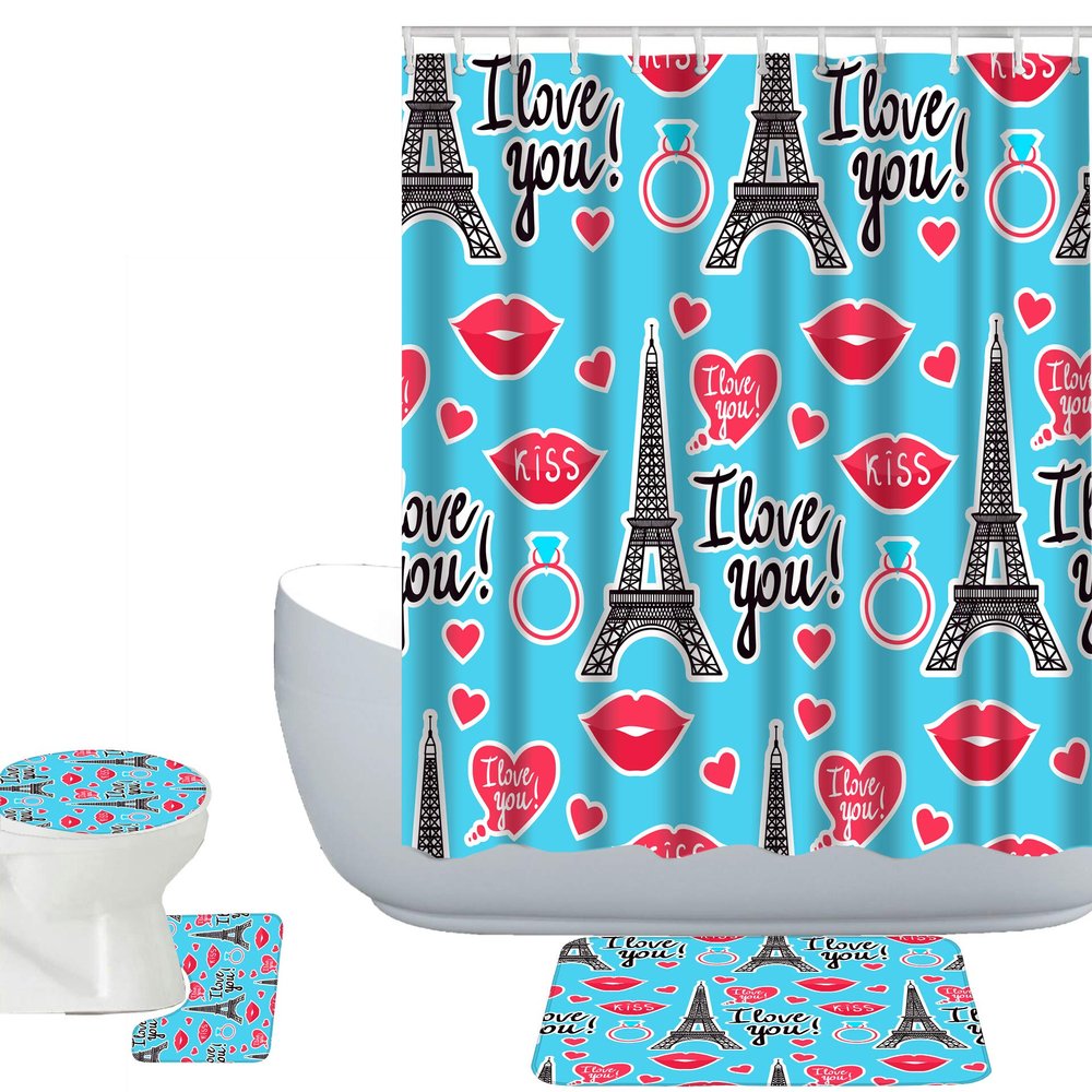 Amagical Paris Eiffel Tower Kiss Heart I Love You Pattern 4 Piece Bathroom Mat Set Shower Curtain Set Blue Bath Mat Contour Mat Toilet Cover Shower Curtian 12 Hooks