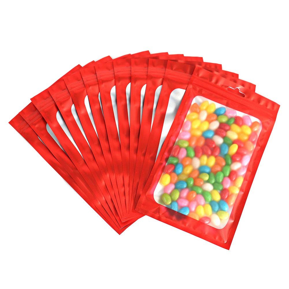 Bezall 100Pcs Mylar Sample Bags, Resealable Smell Proof Bags with Clear Window Foil Food Storage Pouch for Candy Jewelry Lip Gloss Packaging (Red, 6.3x9.4 Inch)