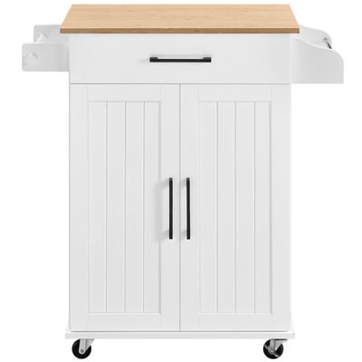 Topeakmart Kitchen Island Cart with Storage Cabinet and 1 Drawer, Rolling Kitchen Cart with Towel Rack & Spice Rack, Bamboo Countertop, White
